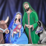 Krippenfiguren Maria und Josef umrahmt von Ochse und Esel