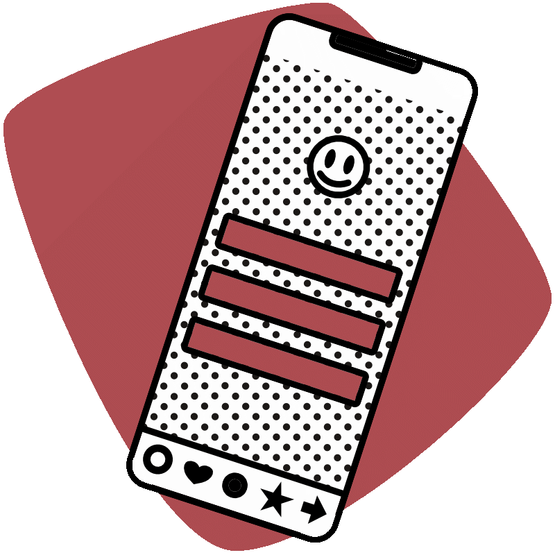 Grafik zeigt auf einer dunkelroten, abgerundeten Fläche ein stilisisertes Mobiltelefon mit geöffneter App.