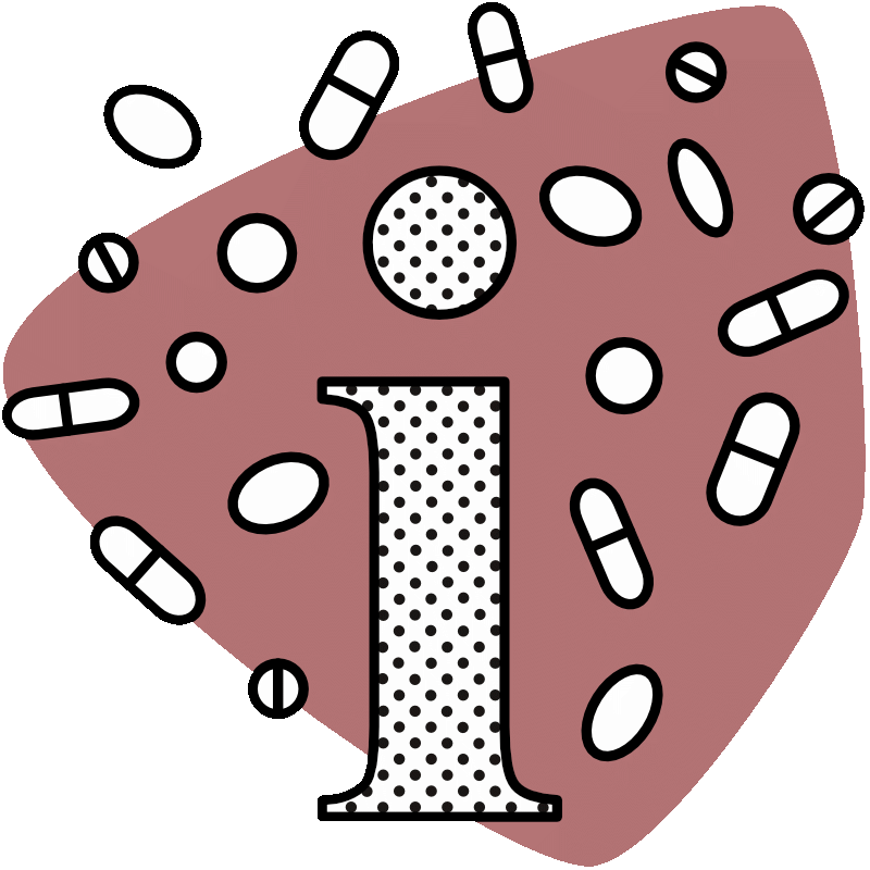 Grafik zeit auf einer braunen, abgerundeten Fläche ein "i", umgeben von Tabletten und Kapseln in unterschiedlicher Form.