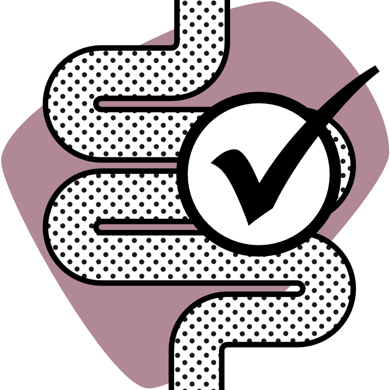 Grafik zeigt auf einer violetten, abgerundeten Fläche einen stilisierten Darm und einen Kreis mit Haken