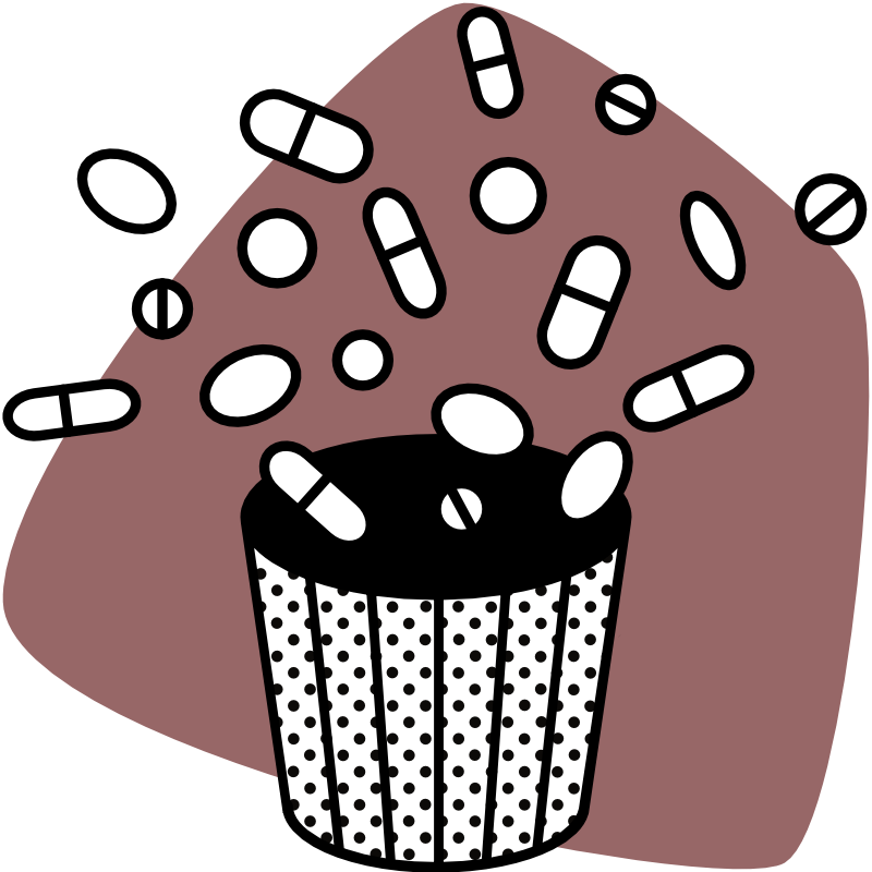 Grafik zeigt auf einer braunen, abgerundeten Fläche einen Mitskübel, in den verschiedene Formen von Tabletten und Kapseln fallen.