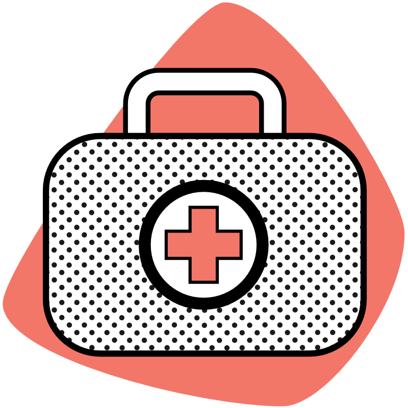 Grafik zeigt auf einer roten, abgerundeten Fläche einen stilisierten Medizinkoffer