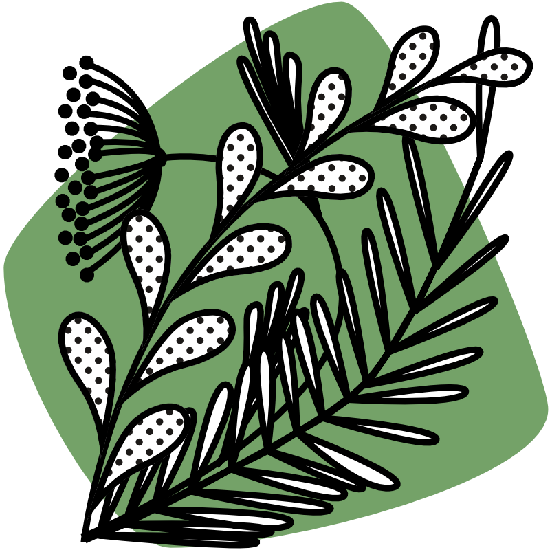 Grafik zeigt auf einer grünen, stilisierten Fläche Zweige und Blüten