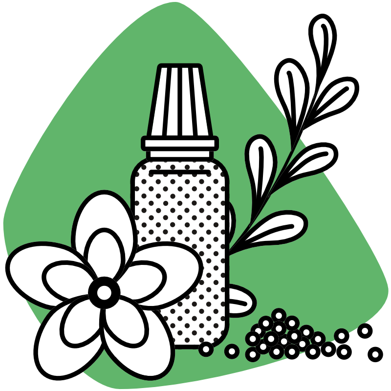 Grafik zeigt auf einer grünen, abgerundeten Fläche ein stilisiertes kleines Fläschchen, eine Blüte, einen Zweig und Globuli.