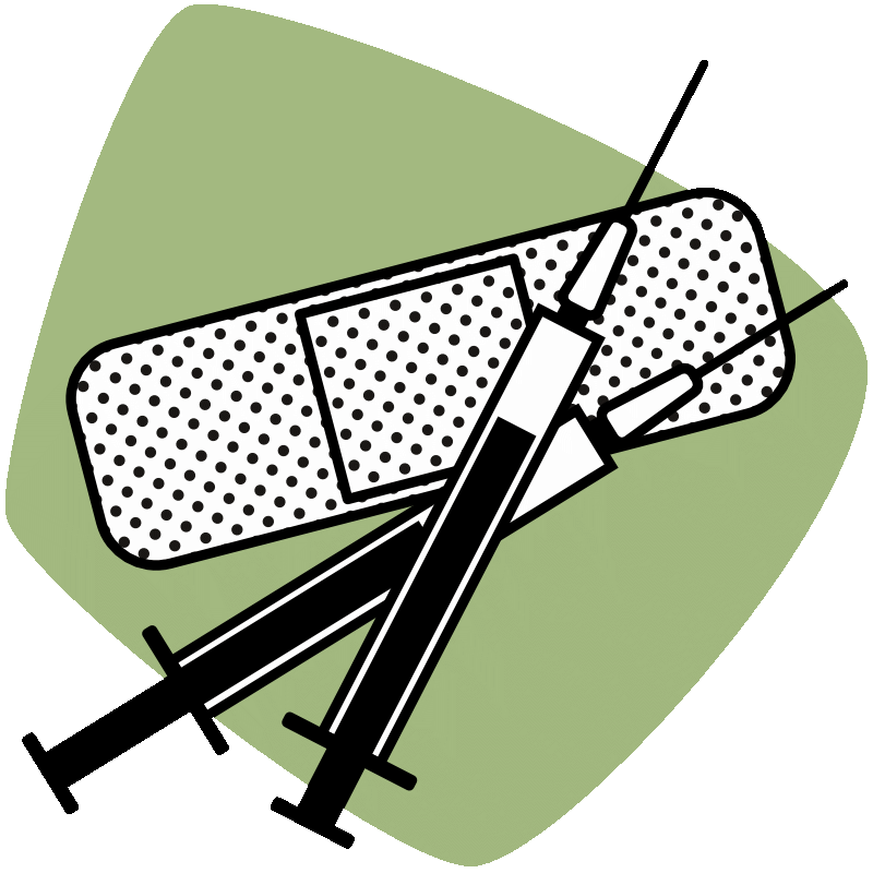 Grafik zeigt auf einer grünen abgerundeten Fläche ein stilisiertes Pflaster und zwei Spritzen.