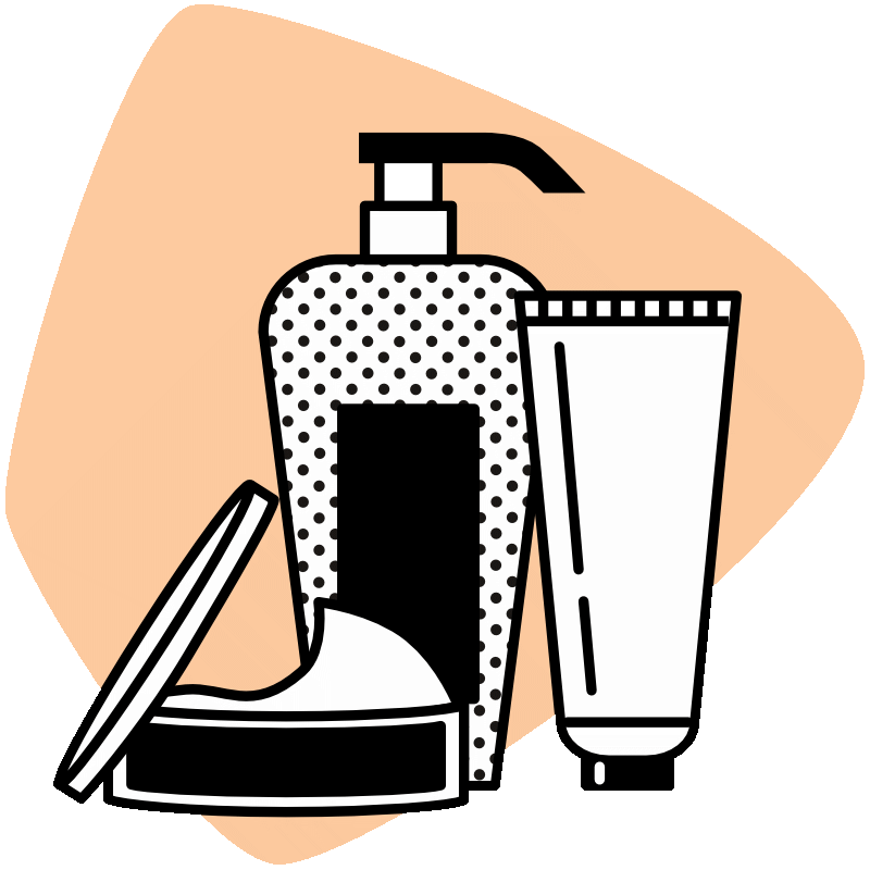 Grafik zeigt auf einer lachsfarbenen, abgerundeten Flächen eine stilisierte geöffnete Cremedose, einen Seifenspender und eine am Verschluss stehende Tube.