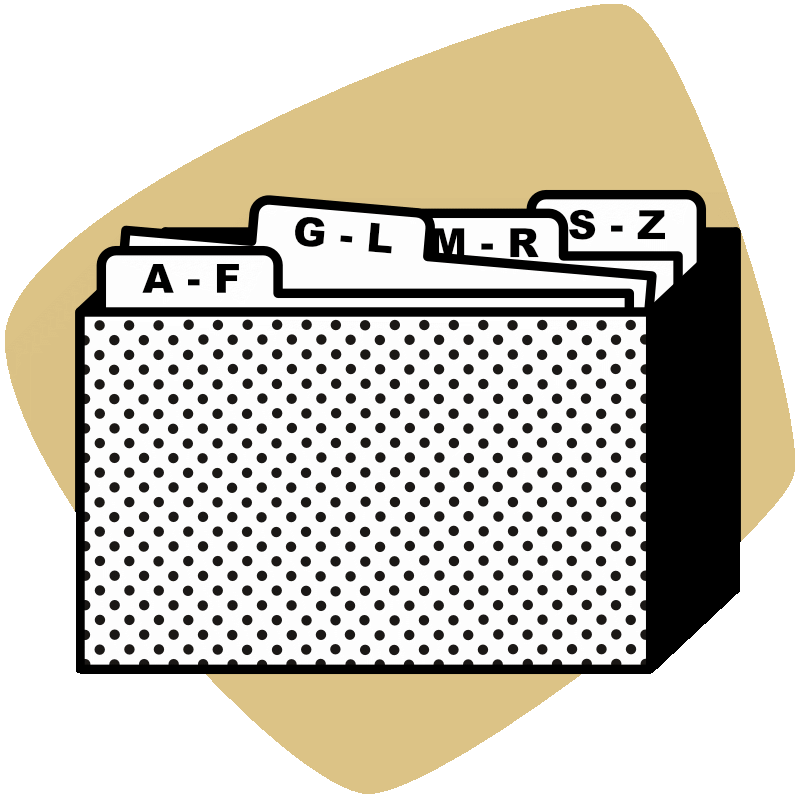 Grafik zeigt auf einer gelben, abgerundeten Fläche einen stilisierten Karteikasten mit Karteiblättern