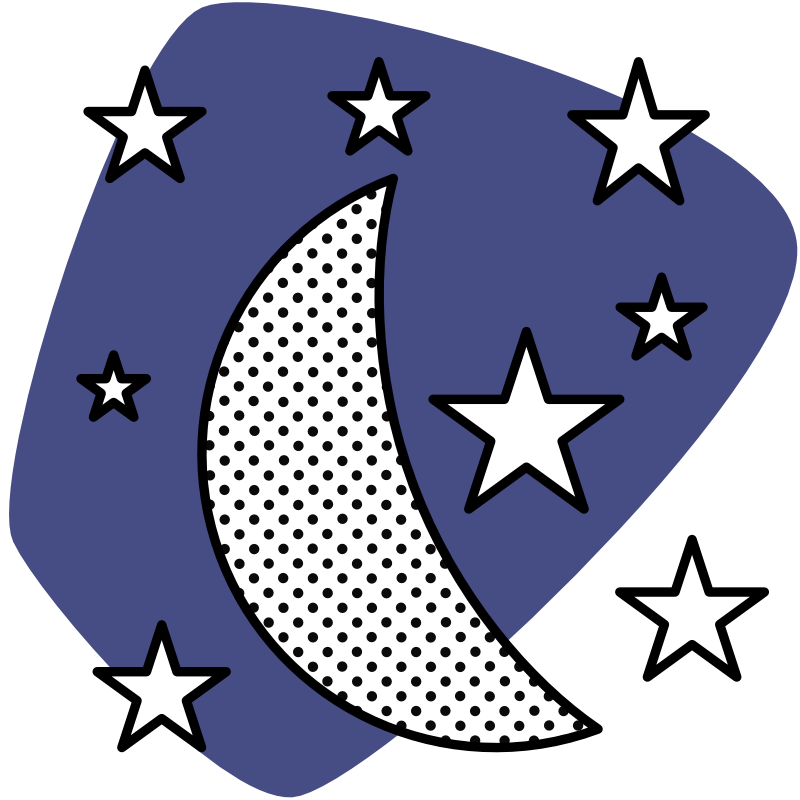 Grafik zeigt auf einer dunkelblauen, abgerundeten Flöche einen stilisierten Mond umgeben von Sternen.