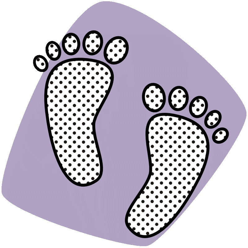Grafik zeigt auf einer lila, abgerundeten Fläche zwei stilisierte Abdrücke von Babyfüßchen.