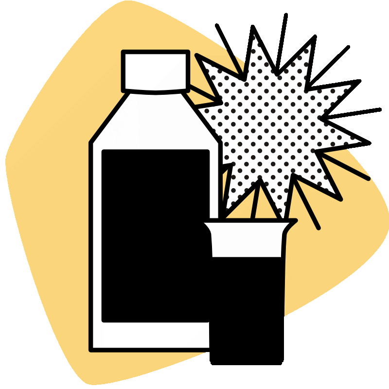 Grafik zeigt auf einer gelben, abgerudneten Fläche eine stilisierte Flasche mit einem gefüllten Becher daneben, dahinter noch eine stilisierte Sonne.