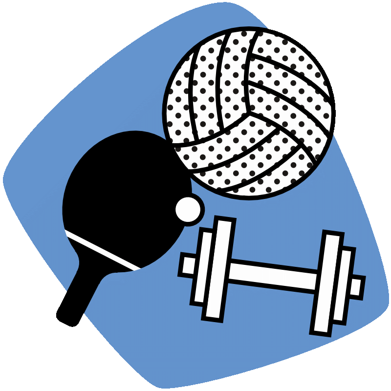 Grafik zeigt auf einer blauen, abgerundeten Fläche einen stilisierten Ball, Tischtennisschläger mit Ball und Hebegewicht.