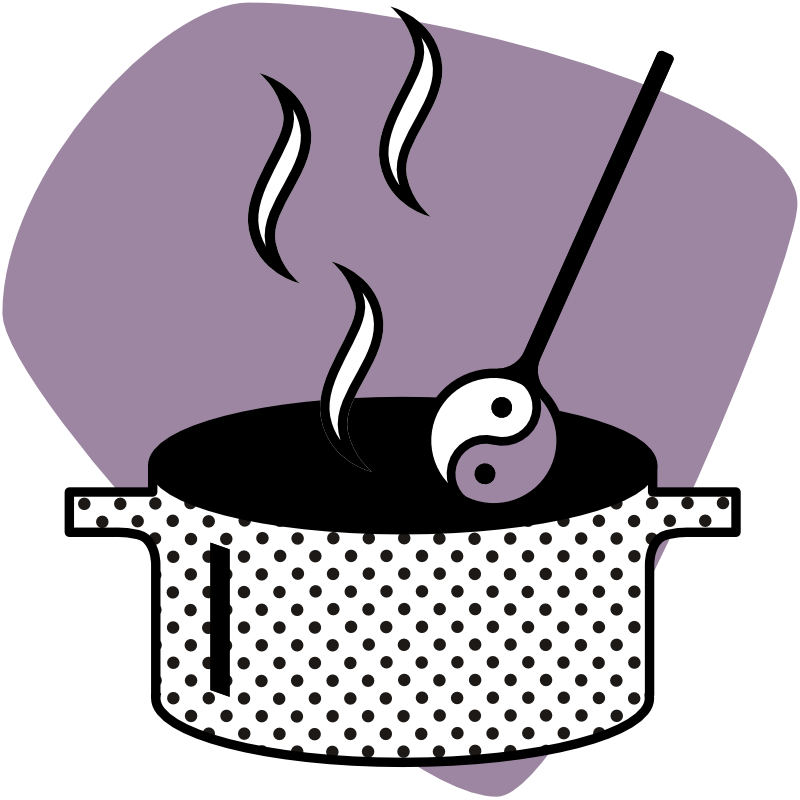 Grafik zeigt auf einer violetten, abgerundeten Fläche einen stilisierten Topf, Kochlöffel mit Yin und Yang Grafik und kleine Dampfschwaden, die aufsteigen.