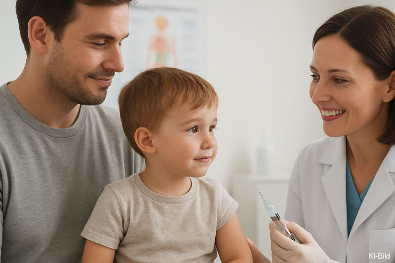 Kind sitzt am Schoß des Vaters, ihnen gegenüber eine freundlich lächelnde Ärztin, die bereits eine Spritze in der Hand hält. Ki-generiertes Bild