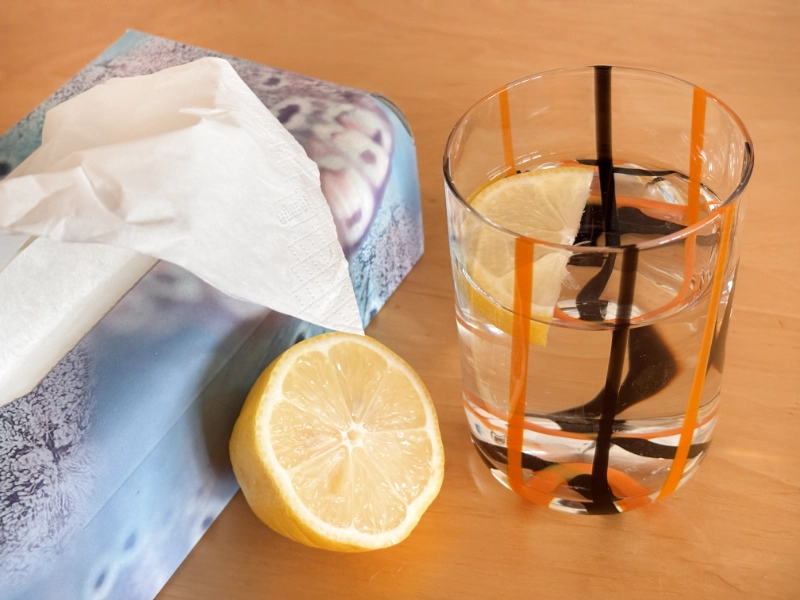 Ein Trinkglas mit bunten Streifen und Zitronenwasser, daneben eine aufgeschnittene Zitrone und eine Taschentuchbox als stilvolle Helfer gegen die Verkühlung.